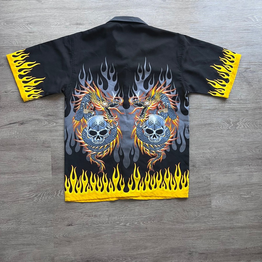 Authentic Shaolin Dragon Skull Flame Shirt Black Y2K Graphic Button Up Large - Picture 5 of 8